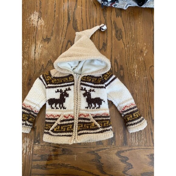 Hand-Knit Wool Toddler Sweater With Moose Pattern Beige & Brown Colors Fleece Li - Picture 1 of 9